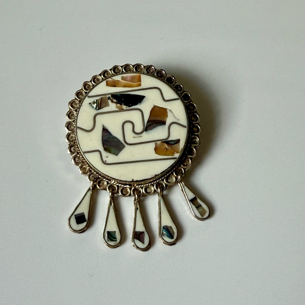 Taxco Mexico 925 Sterling Silver White & Abalone Round Fringe Pendant Brooch